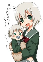 Rule 34 | 1girl, anchor symbol, baby, blush, fur trim, green eyes, green jacket, green sailor collar, highres, holding, holding baby, jacket, kantai collection, long sleeves, nassukun, notice lines, open mouth, pacifier, red neckwear, sailor collar, shimushu (kancolle), short hair, silver hair, simple background, time paradox, translation request, white background