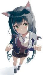 Rule 34 | 1girl, adapted costume, animal ear fluff, animal ears, black footwear, black hair, black skirt, blazer, blush, breasts, cat ears, cat girl, cat tail, clenched hands, closed mouth, collared shirt, drill hair, from above, full body, green eyes, hanavvi, head tilt, highres, jacket, karyl (princess connect!), kneehighs, loafers, long hair, long sleeves, looking at viewer, looking up, low twintails, medium breasts, miniskirt, multicolored hair, necktie, open clothes, open jacket, plaid, plaid skirt, pleated skirt, princess connect!, purple jacket, purple necktie, school uniform, shirt, shoes, skirt, smile, socks, solo, split mouth, standing, streaked hair, striped necktie, striped neckwear, sweater vest, tail, twintails, very long hair, white hair, white shirt, white socks