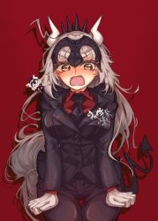 Rule 34 | 1girl, black necktie, black pants, black suit, black tail, blush, breasts, collared shirt, cosplay, cowboy shot, demon horns, demon tail, fate/grand order, fate (series), formal, gloves, grey hair, headpiece, helltaker, highres, horns, jeanne d&#039;arc alter (fate), lapels, large breasts, long hair, lucifer (helltaker), lucifer (helltaker) (cosplay), necktie, notched lapels, pants, red background, red shirt, ru 251, shirt, solo, standing, suit, tail, very long hair, white gloves, white horns, yellow eyes