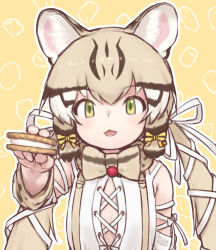 Rule 34 | 1girl, :3, animal ears, animal print, bare shoulders, blonde hair, blush, bow, bowtie, brown hair, cat ears, cat girl, cat print, center opening, cookie, detached sleeves, food, geoffroy&#039;s cat (kemono friends), green eyes, hair tie, highres, kemono friends, kemono friends v project, long hair, looking at viewer, multicolored hair, open mouth, pov, print bow, print bowtie, print sleeves, rumenia (ao2is), shirt, sidelocks, solo, twintails, upper body, virtual youtuber, white shirt
