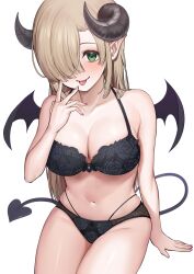 Rule 34 | 1girl, absurdres, black horns, black wings, bra, breasts, cleavage, collarbone, demon girl, demon horns, demon tail, demon wings, floral print, green eyes, hair over one eye, highres, horns, large breasts, light brown hair, long hair, looking at viewer, mole, mole under eye, nail polish, navel, original, panties, pink nails, pipi20211026, print bra, print panties, simple background, sitting, solo, tail, underwear, underwear only, white background, wings