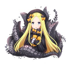 Rule 34 | 1girl, abigail williams (fate), black bow, black dress, black hat, blonde hair, blue eyes, blush, bow, commentary, dress, fate/grand order, fate (series), forehead, hair bow, hat, hugging object, long hair, long sleeves, looking at viewer, orange bow, parted bangs, parted lips, polka dot, polka dot bow, rocm (nkkf3785), simple background, sleeves past fingers, sleeves past wrists, solo, stuffed animal, stuffed toy, suction cups, teddy bear, tentacles, very long hair, white background