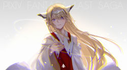 Rule 34 | 1girl, achyue, blonde hair, blue eyes, braid, copyright name, falia the queen of the mountains, grey background, headpiece, highres, long hair, looking at viewer, pixiv fantasia, pixiv fantasia last saga, pointy ears, simple background, smile, solo, standing, twin braids, wide sleeves