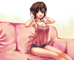 Rule 34 | 1girl, bad id, bad pixiv id, breasts, brown eyes, brown hair, camisole, cleavage, headphones, kawagoe pochi, meiko (vocaloid), open mouth, short hair, short shorts, shorts, sitting, smile, solo, tank top, vocaloid