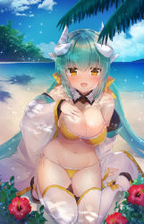Rule 34 | 1girl, aqua hair, aqua kimono, bad id, bad pixiv id, beach, bikini, blue sky, bow, breasts, day, dragon girl, dragon horns, fate/grand order, fate (series), flower, frilled bikini, frills, hair bow, hand on own chest, highres, horns, japanese clothes, kimono, kiyohime (fate), kiyohime (fate/grand order), kiyohime (swimsuit lancer) (fate), kiyohime (swimsuit lancer) (first ascension) (fate), large breasts, looking at viewer, nanahachi, navel, ocean, open clothes, open kimono, open mouth, outdoors, palm tree, red flower, sandals, side-tie bikini bottom, sky, solo, swimsuit, thighhighs, tree, white thighhighs, wide sleeves, yellow bikini, yellow bow, yellow eyes