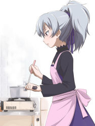 Rule 34 | 00s, 1girl, blush, cooking, darker than black, flat chest, hair ribbon, ladle, ponytail, purple eyes, ribbon, solo, standing, white hair, yin (darker than black), youkan