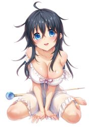 Rule 34 | 1girl, ahoge, bare shoulders, black hair, blue eyes, blush, bow, breasts, cleavage, clothes pull, collarbone, commentary request, cover, cover page, dress, dress bow, dress pull, frilled dress, frills, highres, hisasi, knees, large breasts, long hair, looking at viewer, messy hair, netoge no yome wa onna no ko janai to omotta?, novel cover, novel illustration, official art, open mouth, pink bow, simple background, sitting, smile, solo, staff, tamaki ako, wariza, white background, white dress