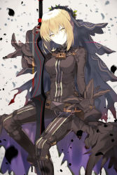 Rule 34 | 10s, 1girl, aestus estus, alternate color, arm support, belt, black bodysuit, black gloves, black veil, blonde hair, bodysuit, breasts, buckle, chain, closed mouth, commentary request, fate/extra, fate/extra ccc, fate (series), frown, full-length zipper, gloves, hair between eyes, hair intakes, half-closed eyes, head tilt, highres, holding, holding sword, holding weapon, large breasts, lock, long sleeves, looking at viewer, loose belt, nero claudius (bride) (fate), nero claudius (fate), nero claudius (fate) (all), padlock, pale skin, petals, sanae (satansanae), short hair, slit pupils, solo, sword, veil, weapon, yellow eyes, zipper, zipper pull tab