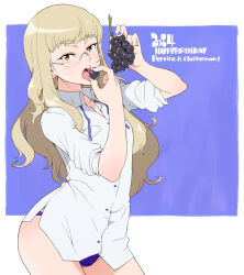 Rule 34 | 1girl, 2024, blonde hair, border, character name, commentary request, cowboy shot, dress shirt, eating, english text, food, fruit, glasses, grapes, hands up, happy birthday, highres, holding, holding food, long hair, looking at viewer, neck ribbon, panties, perrine h. clostermann, purple background, purple eyes, purple panties, purple theme, ribbon, shirt, simple background, sleeves rolled up, solo, strike witches, tabigarasu, thighs, underwear, white border, white shirt, wing collar, world witches series, yellow eyes