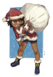 Rule 34 | 1girl, absurdres, ajna (indivisible), ankle boots, bent over, bike shorts, boots, brown hair, christmas, commentary, dark-skinned female, dark skin, dress, english commentary, full body, hat, highres, indivisible, kinuko (kinucakes), red dress, sack, santa costume, santa hat, short hair, solo