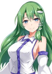 Rule 34 | 1girl, bare shoulders, blue eyes, blush, breasts, collarbone, collared shirt, detached sleeves, frog hair ornament, green hair, hair between eyes, hair ornament, highres, kochiya sanae, large breasts, long hair, looking at viewer, nontraditional miko, shirt, sideboob, simple background, smile, snake hair ornament, solo, touhou, upper body, very long hair, white background, white shirt, wuwusan