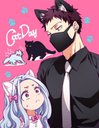 Rule 34 | 1boy, 1girl, age difference, animal, animal ears, black shirt, boku no hero academia, bow, brown hair, cat, cat boy, cat ears, cat girl, collared shirt, ear piercing, eri (boku no hero academia), grey hair, hair bow, long hair, mask, mouth mask, necktie, overhaul (boku no hero academia), piercing, pink bow, red eyes, shirt, short hair, surgical mask, sweatdrop, tsunao, very short hair, white necktie, yellow eyes