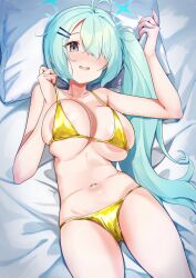 Rule 34 | 1girl, absurdres, antenna hair, aqua hair, areola slip, arm up, bare arms, bare shoulders, bed sheet, bikini, blue archive, blue halo, blush, breasts, collarbone, commentary request, cowboy shot, dusu (htkj), gold bikini, grey eyes, hair ornament, hair over one eye, hairclip, halo, hand up, highres, hiyori (blue archive), large breasts, long hair, looking at viewer, lying, navel, nose blush, on back, one eye covered, parted lips, pillow, pillow grab, side ponytail, solo, stomach, string bikini, swimsuit, very long hair