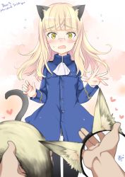 Rule 34 | 1girl, absurdres, animal ears, aohashi ame, black pantyhose, blonde hair, blush, breasts, cat ears, cat tail, embarrassed, fake animal ears, fake tail, glasses, highres, long hair, looking at viewer, military, military uniform, open mouth, pantyhose, perrine h. clostermann, pov, simple background, small breasts, standing, strike witches, sweat, tail, uniform, world witches series, yellow eyes