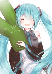 Rule 34 | 1girl, 39, 2017, :d, ^ ^, aqua hair, character name, closed eyes, dated, detached sleeves, closed eyes, hatsune miku, head tilt, headphones, hyaku hiiragi, long hair, nail polish, necktie, open mouth, smile, solo, twintails, very long hair, vocaloid, white background