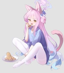 Rule 34 | 1girl, absurdres, animal ear fluff, animal ears, blue archive, blue shirt, blush, cat ears, cat tail, eating, flower, food, food on face, grey background, hair bun, hair flower, hair ornament, halo, highres, holding, holding food, long hair, looking at viewer, mika (blue archive), ningmeng jing jing jing jing, open mouth, pantyhose, pink hair, pink halo, purple flower, shirt, short sleeves, simple background, single side bun, smile, soles, solo, tail, teeth, toes, upper teeth only, white pantyhose, yellow eyes