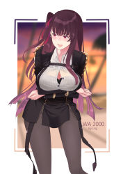Rule 34 | 1girl, absurdres, black bra, black pantyhose, black skirt, blazer, blush, bra, breasts, button gap, collarbone, collared shirt, framed breasts, girls&#039; frontline, hair ribbon, half updo, high-waist skirt, highres, jacket, large breasts, long hair, long sleeves, lrig0, one side up, open mouth, pantyhose, purple hair, red eyes, red ribbon, ribbon, see-through, shirt, simple background, skirt, solo, strap, thighband pantyhose, tsurime, underwear, wa2000 (girls&#039; frontline)