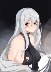 Rule 34 | 1girl, arknights, ascot, backless outfit, bare shoulders, black ascot, black background, black shirt, blush, breasts, closed mouth, collarbone, commentary, hair between eyes, highres, inniyik, long hair, looking at viewer, medium breasts, no headwear, red eyes, shirt, sideboob, sideways glance, silver hair, skadi (arknights), sleeveless, sleeveless shirt, solo, torn clothes, torn shirt, upper body, very long hair