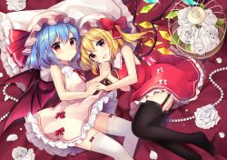 Rule 34 | 2girls, :d, absurdres, alternate costume, bare arms, bat wings, birdcage, blonde hair, blue hair, blush, breasts, cage, commentary request, dress, feet, feet out of frame, flandre scarlet, flower, frilled dress, frilled headwear, frills, gem, hair between eyes, hat, hat ribbon, highres, holding hands, huge filesize, looking at viewer, lying, mob cap, multiple girls, open mouth, pearl (gemstone), petals, pillow, red eyes, remilia scarlet, ribbon, rose, ruhika, short hair, skirt, small breasts, smile, thighhighs, touhou, white flower, white rose, wings, zettai ryouiki