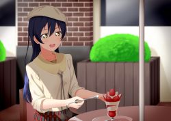 Rule 34 | 1girl, beret, blue hair, blush, commentary request, daiz1213, eating, food, fruit, hair between eyes, hat, highres, holding, holding spoon, ice cream, long hair, love live!, love live! school idol project, open mouth, outdoors, plaid, plaid skirt, plate, sitting, skirt, sleeves rolled up, smile, solo, sonoda umi, spoon, strawberry, table, yellow eyes
