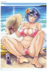 Rule 34 | 1girl, absurdres, artist name, bare shoulders, barefoot, bikini, blue hair, breasts, brown eyes, cleavage, collar, covered erect nipples, day, distance, eyewear on head, flower, hair flower, hair ornament, hat, head tilt, highres, large breasts, looking at viewer, navel, outdoors, page number, parted lips, pink bikini, scan, shiny skin, short hair, sitting, smile, solo, sparkle, stomach, sunglasses, sunglasses on head, swimsuit, teeth, toes, toranoana