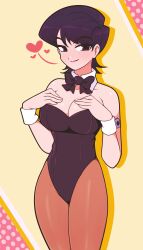 Rule 34 | 1girl, absurdres, alternate costume, bare shoulders, black hair, black leotard, breasts, cleavage, closed mouth, commentary, detached collar, english commentary, hands on own breasts, heart, highres, jeff miga, komi-san wa komyushou desu, komi shuuko, large breasts, leotard, looking at viewer, mature female, pantyhose, playboy bunny, short hair, smile, solo, strapless, strapless leotard, swept bangs, wrist cuffs, wristband