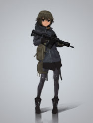 Rule 34 | 1girl, assault rifle, bad id, bad pixiv id, boots, brown hair, commentary, furukawa herzer, gloves, grey eyes, gun, highres, jacket, knee pads, leggings, military, original, pantyhose, rifle, short hair, simple background, solo, trigger discipline, weapon, weapon request