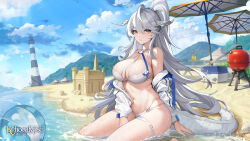Rule 34 | 1girl, artist request, ball, beach, beach umbrella, beachball, bikini, cloud, cooler, copyright notice, echocalypse, flower, grey hair, grill, guinevere (echocalypse), hair between eyes, high ponytail, highres, hill, horns, jacket, lighthouse, logo, long hair, navel, o-ring, o-ring bikini, o-ring thigh strap, off shoulder, official art, partially submerged, sand, sand castle, sand sculpture, second-party source, sky, solo, swimsuit, tail, thigh strap, umbrella, wet, white bikini, white flower, white jacket, yellow eyes