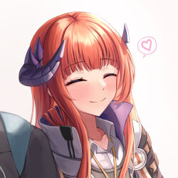 Rule 34 | 1girl, absurdres, arknights, bagpipe (arknights), blunt bangs, blush, closed eyes, closed mouth, doctor (arknights), dragon horns, facing viewer, gongbangmanchi (daisy cutter), heart, highres, horns, long hair, orange hair, simple background, smile, solo, solo focus, speech bubble, spoken heart, upper body, very long hair, white background
