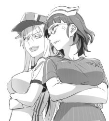 Rule 34 | 10s, 2girls, alternate costume, anger vein, bad id, bad twitter id, bismarck (kancolle), breasts, commentary request, euro 2016, eyebrows, eyewear strap, germany, glasses, greyscale, hat, italy, kantai collection, kinosuke (sositeimanoga), large breasts, long hair, monochrome, multiple girls, open mouth, peaked cap, puma (brand), roma (kancolle), short hair, soccer, soccer uniform, sportswear