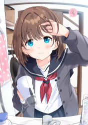Rule 34 | 1girl, absurdres, arm up, basket, black sailor collar, black skirt, blue eyes, blush, brown hair, commentary request, faucet, grey jacket, hair dryer, hair intakes, highres, holding, indoors, jacket, long sleeves, looking at viewer, mirror, mousou (mousou temporary), neckerchief, open clothes, open jacket, original, parted lips, pleated skirt, polka dot, polka dot towel, red neckerchief, reflection, sailor collar, school uniform, serafuku, shirt, sink, skirt, sliding doors, solo, spoken squiggle, squiggle, towel, white shirt