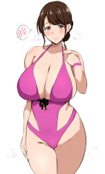 Rule 34 | 1girl, bad id, bad pixiv id, blush, breasts, brown eyes, brown hair, cleavage, commentary request, cowboy shot, hair bun, halterneck, hand on own shoulder, hand on own thigh, highres, large breasts, looking at viewer, mature female, mhs, one-piece swimsuit, original, pink one-piece swimsuit, simple background, single hair bun, sketch, solo, spoken blush, swimsuit, white background