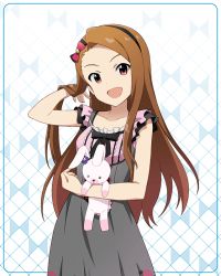 Rule 34 | 10s, 1girl, artist request, bare shoulders, bow, breasts, brown hair, collarbone, dress, hair bow, hairband, idolmaster, idolmaster (classic), idolmaster million live!, idolmaster million live! theater days, long hair, looking at viewer, minase iori, official art, open mouth, red eyes, ribbon, small breasts, smile, solo, stuffed animal, stuffed rabbit, stuffed toy