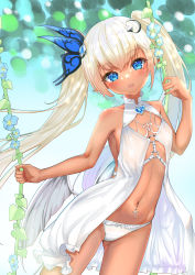 Rule 34 | 1girl, absurdres, amemiya arikapu, arm up, blonde hair, blue eyes, butterfly hair ornament, dark-skinned female, dark skin, dress, elf, fangs, flat chest, gluteal fold, hair ornament, highres, huge filesize, long hair, looking at viewer, navel, navel piercing, open clothes, open dress, open mouth, original, panties, piercing, pointy ears, revealing clothes, sleeveless, sleeveless dress, smile, solo, sundress, thighs, toned female, twintails, underwear, very long hair, white dress, white panties
