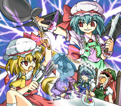Rule 34 | 5girls, apron, ascot, bad food, bat wings, blonde hair, blue hair, bow, braid, censored, censored food, chair, chopsticks, clearfile, crescent, cup, closed eyes, fang, flandre scarlet, food, fork, frying pan, giving up the ghost, hat, highres, hong meiling, izayoi sakuya, knife, ladle, long hair, maid, maid apron, maid headdress, multiple girls, open mouth, patchouli knowledge, purple hair, red eyes, red hair, remilia scarlet, saliva, short hair, silver hair, sitting, skirt, skirt set, spatula, star (symbol), sweatdrop, table, teacup, thumbs up, touhou, twin braids, wings