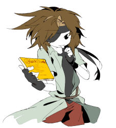 Rule 34 | 1other, androgynous, belt, black eyes, black gloves, black headband, black shirt, brown belt, brown hair, coat, colored skin, cowboy shot, eyepatch, finger in own mouth, fingerless gloves, gloves, green coat, headband, holding, holding notebook, kurohebi, len&#039;en, ling s, medium hair, no nose, notebook, open clothes, open coat, other focus, pants, red pants, shirt, short sleeves, simple background, solo, white background, white skin