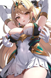 Rule 34 | 1girl, armpits, arms up, blonde hair, blush, breasts, cleavage, cleavage cutout, clothing cutout, disembodied hand, dress, frown, headpiece, highres, large breasts, looking down, molestation, mythra (xenoblade), nintendo, white background, xenoblade chronicles (series), xenoblade chronicles 2