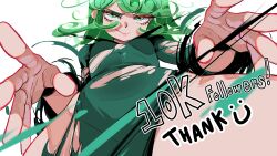Rule 34 | 1girl, breasts, dress, from below, green dress, green eyes, green hair, highres, long sleeves, looking at viewer, medium hair, milestone celebration, one-punch man, short hair, small breasts, smile, tatsumaki, tngkbmarlon, torn clothes, torn dress, white background