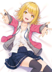 Rule 34 | 1girl, :d, bed sheet, black thighhighs, blazer, blonde hair, blue ribbon, blue skirt, breasts, buttons, cardigan, cleavage, collarbone, collared shirt, commentary request, dress shirt, grey cardigan, hair ornament, hairclip, hyuuga azuri, jacket, long sleeves, looking at viewer, lying, miniskirt, navel, neck ribbon, on back, open cardigan, open clothes, open jacket, open mouth, original, outstretched arms, partially unbuttoned, pink jacket, pleated skirt, ribbon, school uniform, shirt, short hair, skirt, sleeves past wrists, small breasts, smile, solo, thighhighs, white shirt, yellow eyes, zettai ryouiki