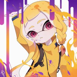 Rule 34 | 1girl, arm up, blonde hair, braid, braided sidelock, commentary, eyebrow cut, highres, inkling, inkling girl, inkling player character, jacket, long hair, nintendo, open mouth, paint, parted lips, pink eyes, pointy ears, signature, simple background, single braid, splatoon (series), squid ikaaa, symbol-only commentary, tentacle hair, white background, yellow jacket