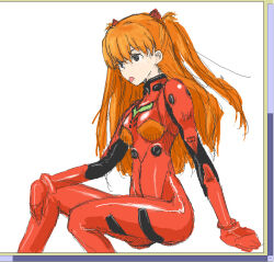 Rule 34 | 1girl, artist request, ass, bodysuit, breasts, brown hair, interface headset, invisible chair, long hair, medium breasts, neon genesis evangelion, plugsuit, red bodysuit, shiny clothes, simple background, sitting, solo, souryuu asuka langley, tongue, tongue out, tsundere, two side up, white background, wide hips