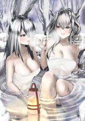 Rule 34 | 2girls, :d, absurdres, animal ears, arknights, bare arms, bare legs, bare shoulders, bathing, black hair, blue eyes, breasts, brown eyes, collarbone, day, dragon horns, eye contact, feet out of frame, frostnova (arknights), hair intakes, hair over one eye, hand on own face, highres, horns, knees up, lantern, large breasts, long hair, looking at another, marumai, multicolored hair, multiple girls, onsen, open mouth, outdoors, parted lips, partially submerged, rabbit ears, silver hair, smile, snow, snowing, steam, talulah (arknights), two-tone hair, water, winter