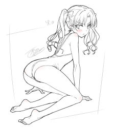 Rule 34 | 1girl, angry, arm support, ass, back, bare shoulders, barefoot, blush, character name, furrowed brow, greyscale, hair ribbon, isshi pyuma, kneeling, leaning forward, long hair, looking at viewer, looking back, looking to the side, monochrome, parted bangs, parted hair, ribbon, shirai kuroko, signature, solo, swimsuit, thighs, toaru kagaku no railgun, toaru majutsu no index, twintails, wavy hair