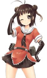 Rule 34 | + -, 10s, 1girl, antenna hair, brown eyes, brown hair, double bun, elbow gloves, gloves, ica, kantai collection, looking at viewer, naka (kancolle), open mouth, personification, salute, school uniform, serafuku, short hair, solo