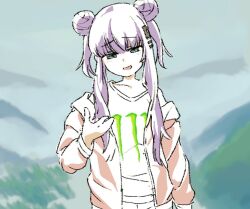 Rule 34 | 1girl, anima lyon, arm at side, blue background, blurry, blurry background, commentary request, cowboy shot, double bun, grey eyes, hair bun, hair ornament, hairclip, half-closed eyes, hand up, indie virtual youtuber, jacket, light blush, long hair, long sleeves, looking at viewer, monster energy, off shoulder, open clothes, open jacket, open mouth, purple hair, red jacket, shirt, short twintails, sidelocks, smirk, smug, solo, standing, twintails, virtual youtuber, white shirt, zzz (draw)