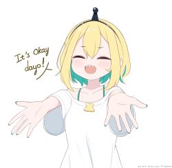Rule 34 | 1girl, :d, = =, ^ ^, amano pikamee, black hairband, blonde hair, blush, closed eyes, collarbone, colored inner hair, commentary, english commentary, english text, green hair, green nails, hairband, highres, koyo, multicolored hair, off-shoulder shirt, off shoulder, open mouth, outstretched arms, outstretched hand, sharp teeth, shirt, simple background, smile, solo, speech bubble, tearing up, teeth, upper body, upper teeth only, virtual youtuber, voms, white background, white shirt, wide sleeves