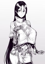 Rule 34 | 1girl, breasts, eyebrows, fate/grand order, fate (series), gauntlets, greyscale, hand on own chest, highres, large breasts, long hair, looking at viewer, minamoto no raikou (fate), monochrome, nakamura regura, rope, smile, solo, thick eyebrows, turtleneck