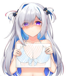 Rule 34 | 1girl, absurdres, amane kanata, amane kanata (work), bikini, blue bikini, blue hair, blush, bow, breasts, cleavage, closed mouth, colored inner hair, drawing, drawing (object), eyes visible through hair, front-tie bikini top, front-tie top, grey hair, hair bow, hair ornament, hairclip, halterneck, highres, holding, holding drawing, hololive, hoshino reiji, large breasts, long hair, looking at viewer, multicolored hair, purple eyes, shaded face, solo, swimsuit, two side up, upper body, virtual youtuber