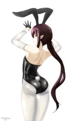 Rule 34 | 1girl, animal ears, arms up, ass, back, bad id, bad pixiv id, bare shoulders, black gloves, black leotard, detached sleeves, fake animal ears, fang, from behind, gloves, half gloves, highres, lady bat, leotard, long hair, looking at viewer, looking back, low ponytail, male focus, male playboy bunny, mermaid melody pichi pichi pitch, nekomatakuon, pantyhose, playboy bunny, pointy ears, purple eyes, rabbit ears, rabbit girl, rabbit tail, slit pupils, solo, strapless, strapless leotard, tail, twitter username, very long hair, white background, white pantyhose