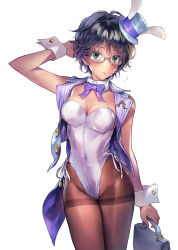 Rule 34 | 1girl, animal ears, arm up, bag, bare arms, bare shoulders, black hair, blush, bow, bowtie, breasts, brown pantyhose, cleavage, commentary request, covered navel, cowboy shot, detached collar, earrings, fake animal ears, flying sweatdrops, glasses, green eyes, groin, hat, highres, holding, holding bag, jewelry, leotard, looking at viewer, matsuda (matsukichi), medium breasts, mini hat, mini top hat, open clothes, open vest, original, pantyhose, playboy bunny, purple bow, purple bowtie, purple vest, rabbit ears, short hair, simple background, solo, standing, strapless, strapless leotard, striped, thighband pantyhose, thighs, top hat, vertical stripes, vest, white background, white hat, white leotard, wrist cuffs
